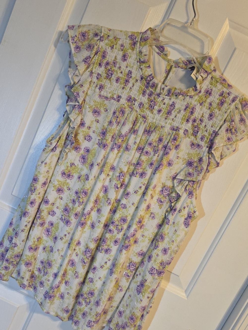 Rachel Zoe Cream Floral Smocked Flutter Top T091